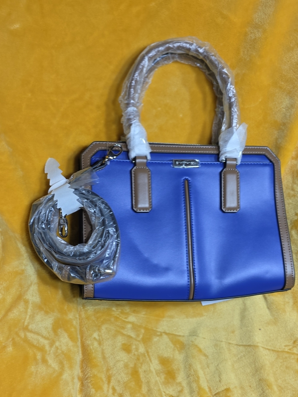 NWT- Samantha VEGA Blue and Tan Structured Satchel Handbag - Women Bags
